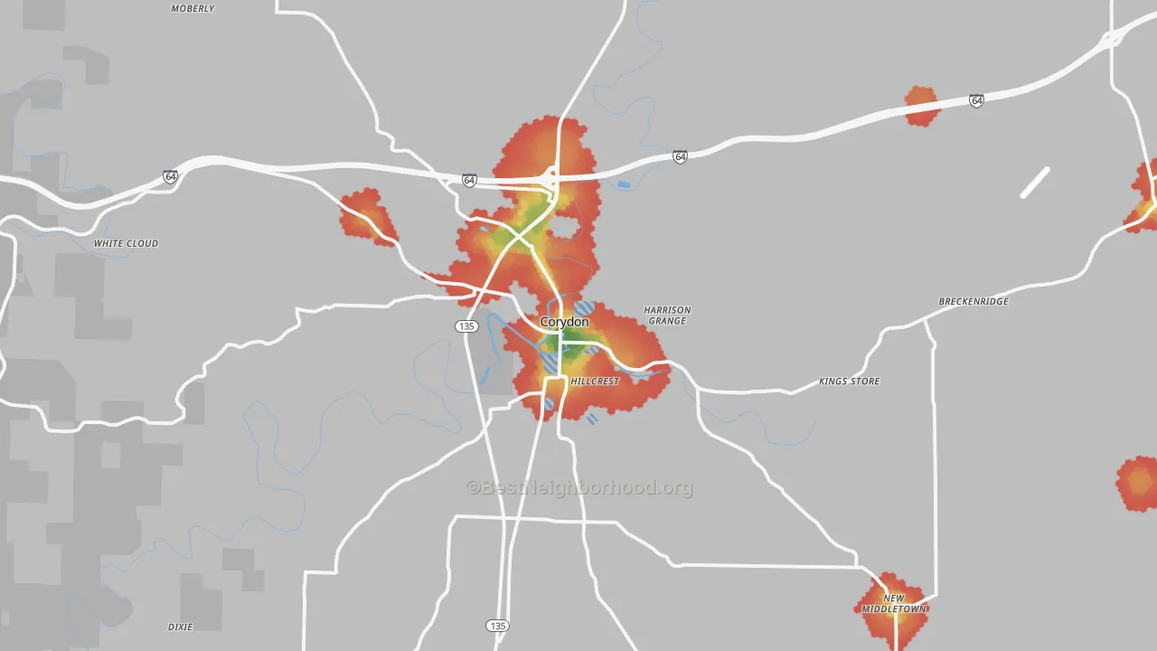 Walk Grade map of Corydon, IN, walkable areas in green and car-dependent areas in red