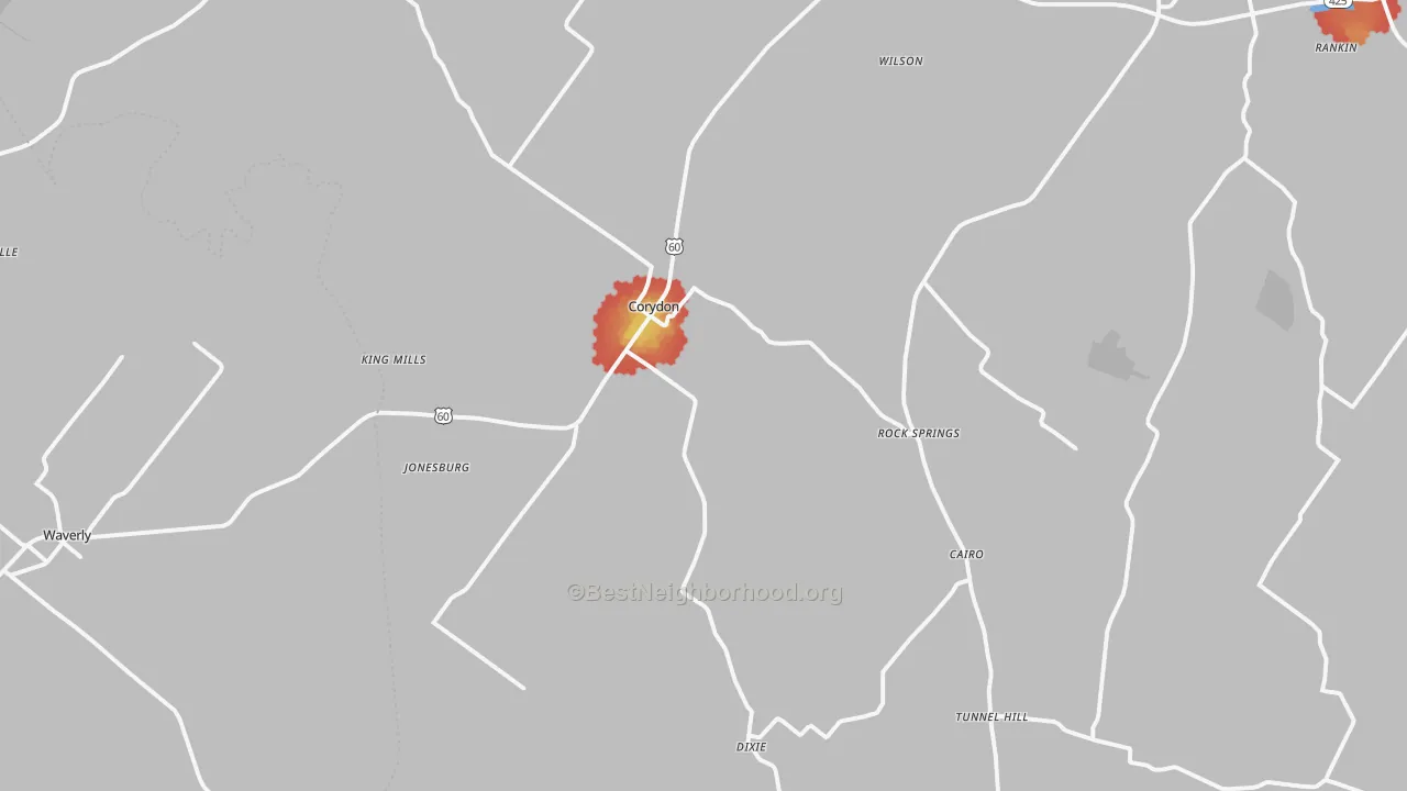 Walk Grade map of Corydon, KY, walkable areas in green and car-dependent areas in red