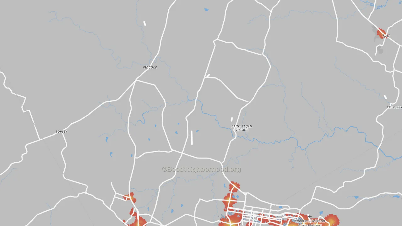 Walk Grade map of Coryell County, TX, walkable areas in green and car-dependent areas in red