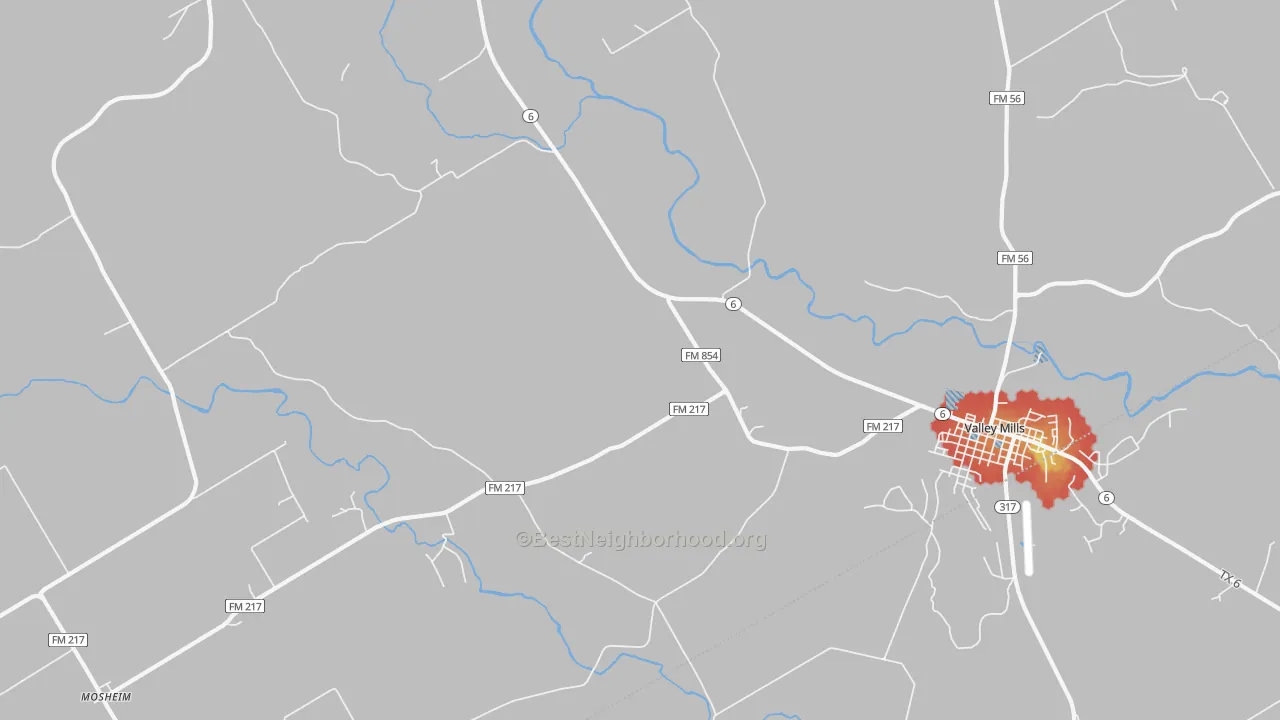 Walk Grade map of Coryell, TX, walkable areas in green and car-dependent areas in red