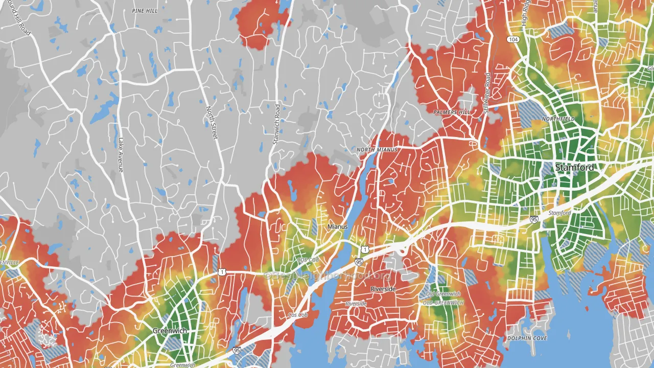 Walk Grade map of Cos Cob, CT, walkable areas in green and car-dependent areas in red