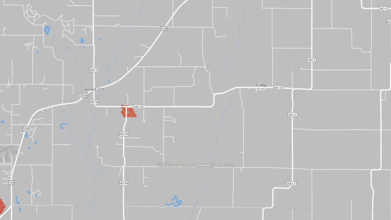 Walk Grade map of Cosby, MO, walkable areas in green and car-dependent areas in red