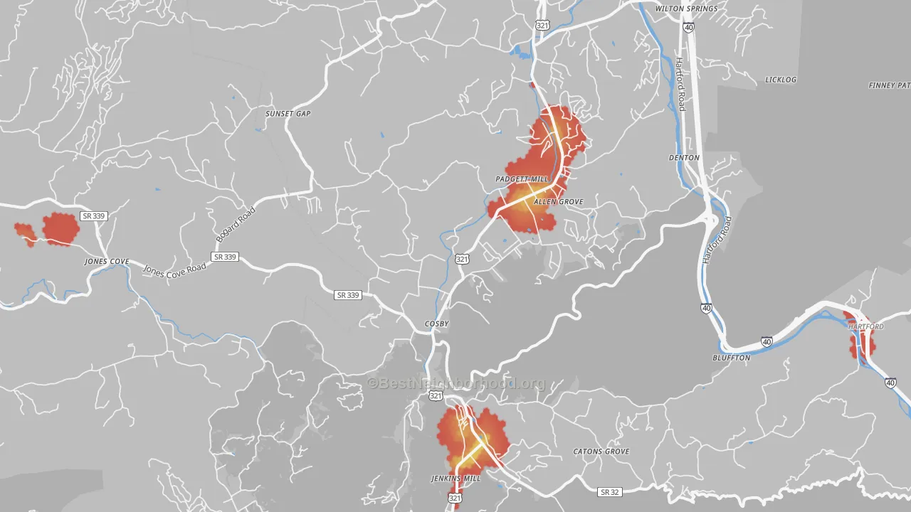 Walk Grade map of Cosby, TN, walkable areas in green and car-dependent areas in red