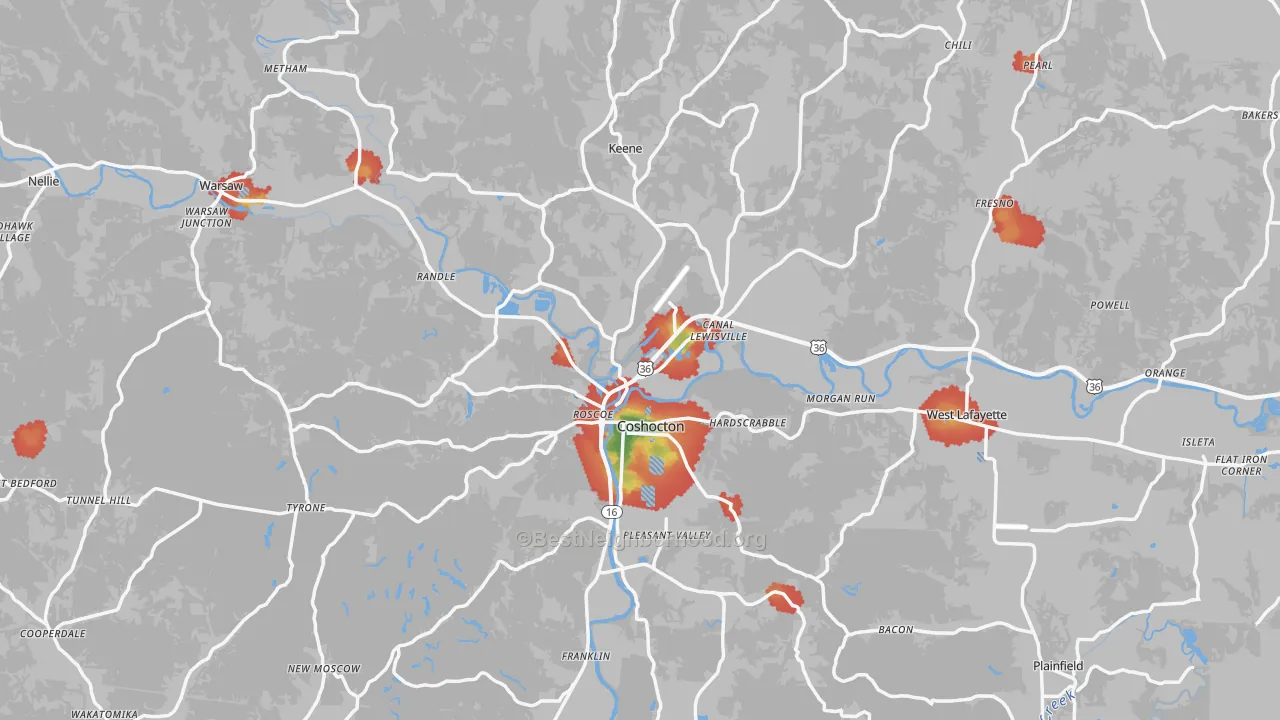 Walk Grade map of Coshocton County, OH, walkable areas in green and car-dependent areas in red