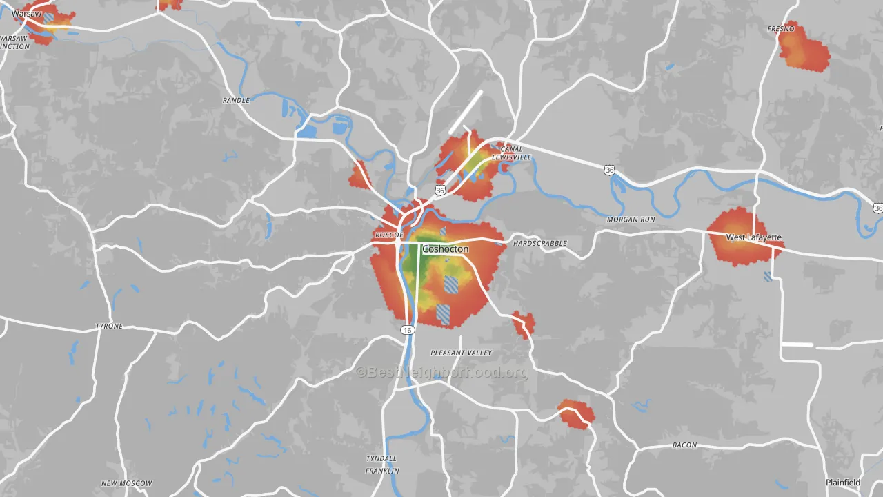 Walk Grade map of Coshocton, OH, walkable areas in green and car-dependent areas in red