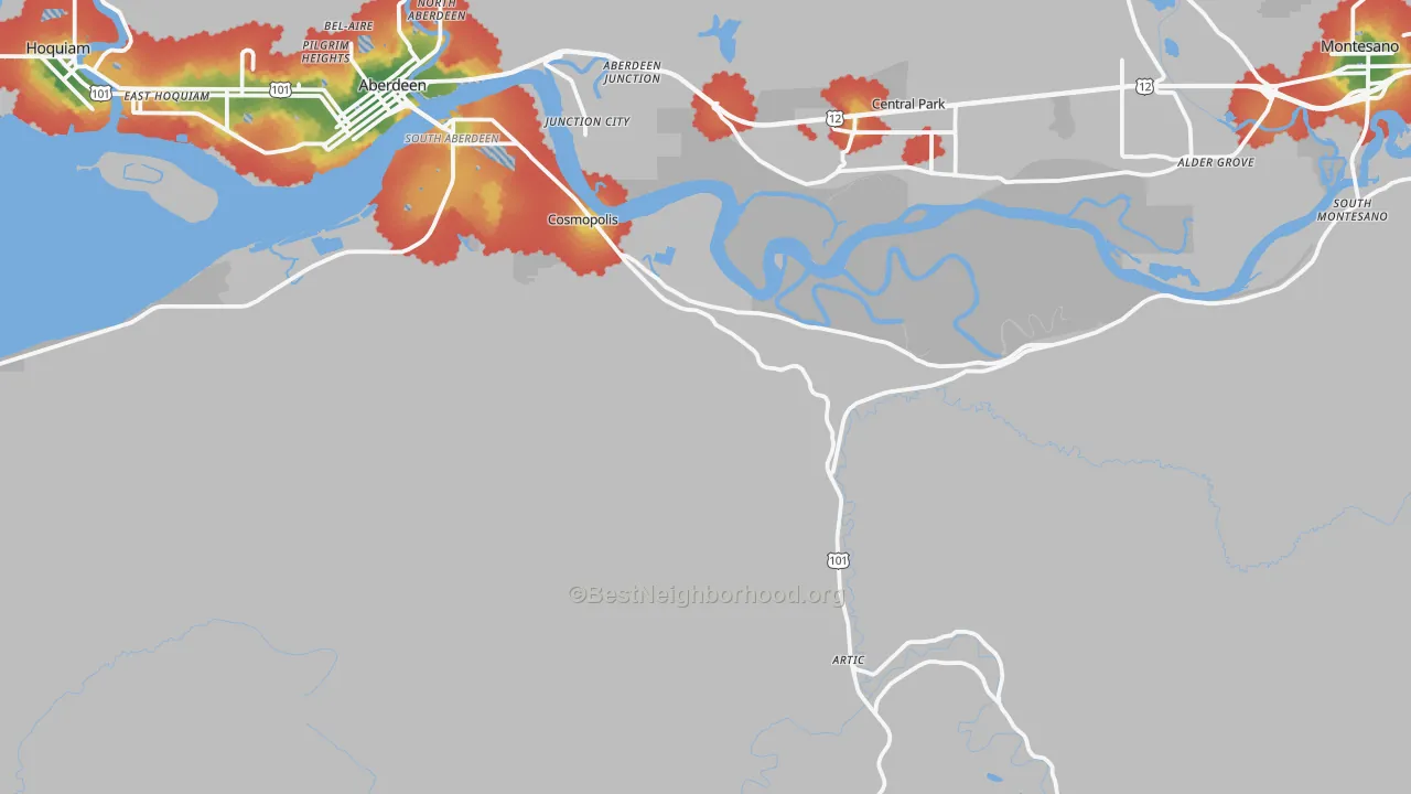 Walk Grade map of Cosmopolis, WA, walkable areas in green and car-dependent areas in red