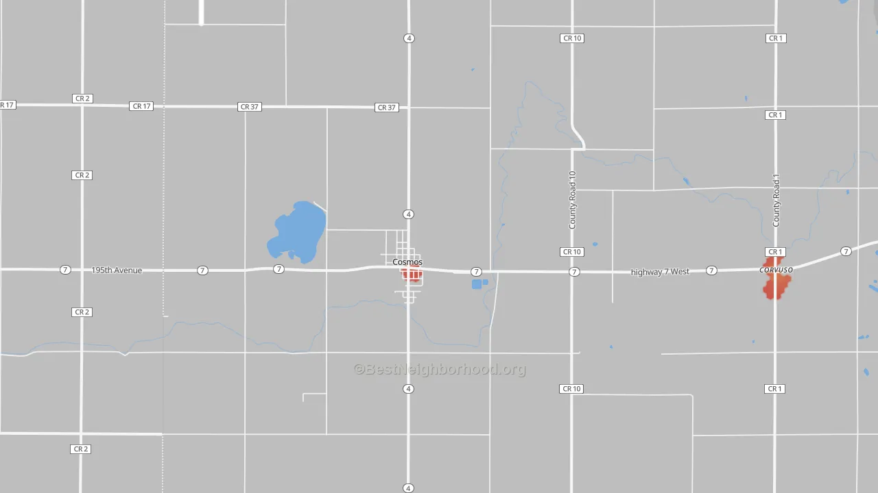 Walk Grade map of Cosmos, MN, walkable areas in green and car-dependent areas in red