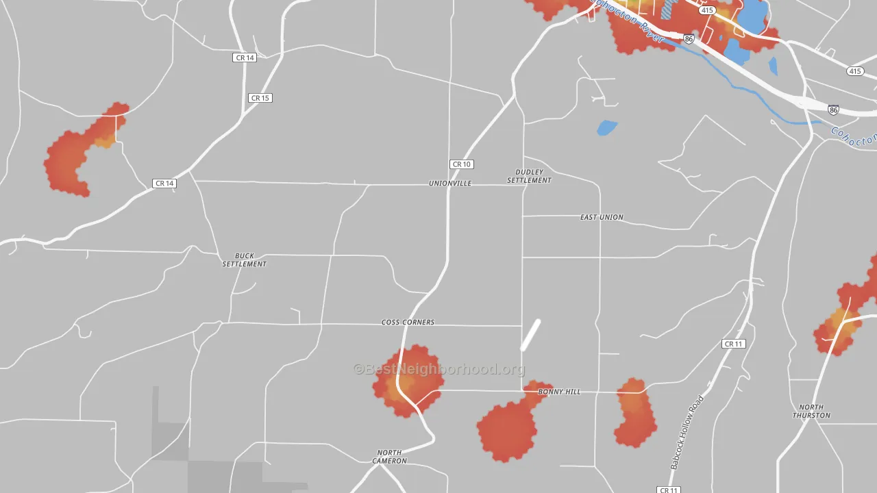 Walk Grade map of Coss Corners, NY, walkable areas in green and car-dependent areas in red