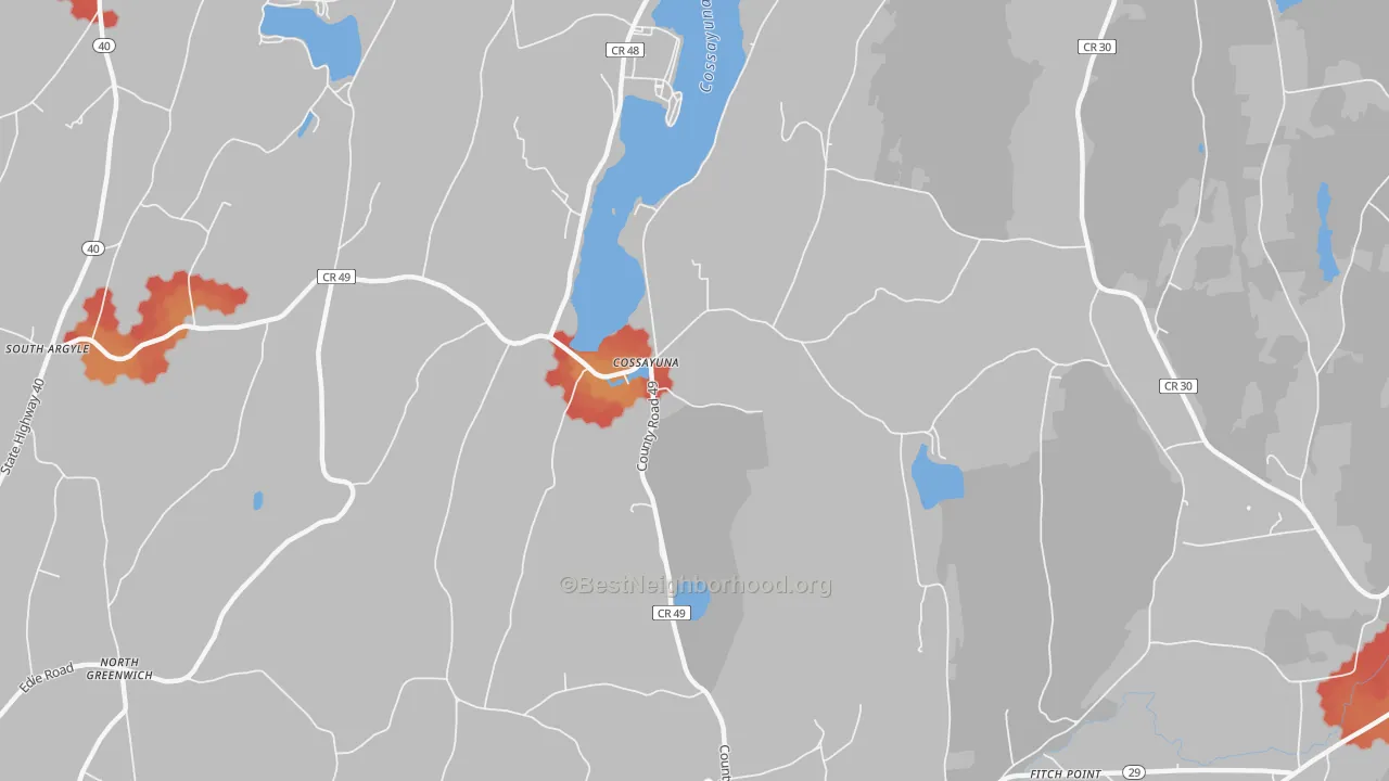 Walk Grade map of Cossayuna, NY, walkable areas in green and car-dependent areas in red