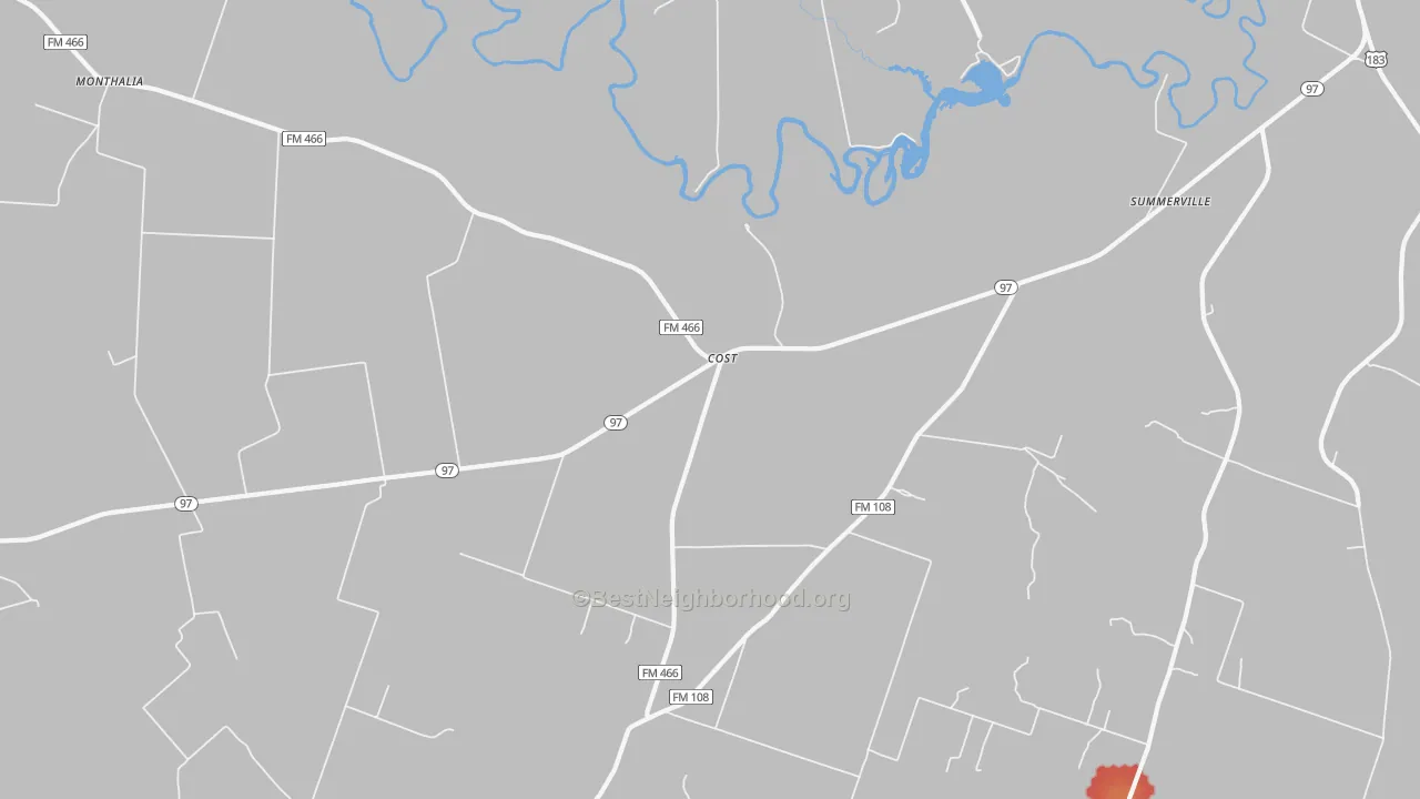 Walk Grade map of Cost, TX, walkable areas in green and car-dependent areas in red