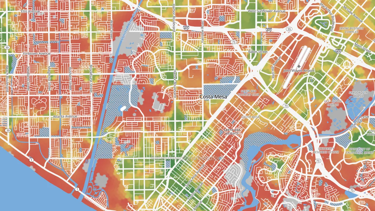 Walk Grade map of Costa Mesa, CA, walkable areas in green and car-dependent areas in red