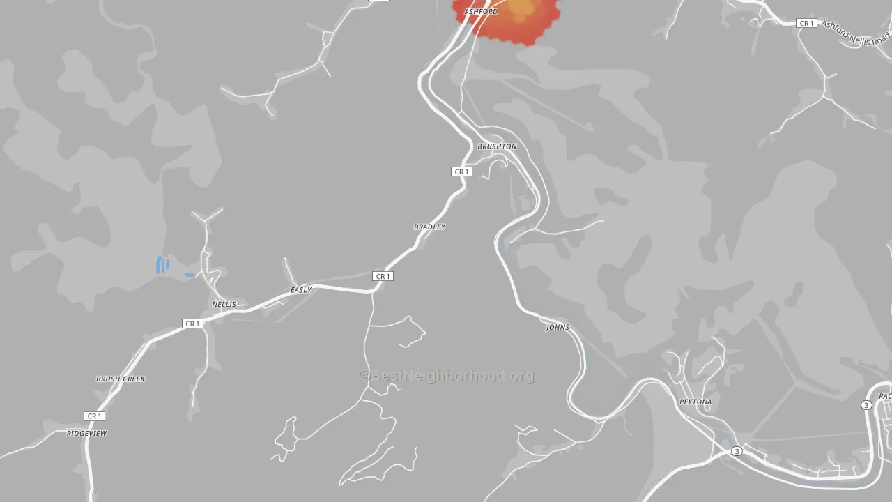 Walk Grade map of Costa, WV, walkable areas in green and car-dependent areas in red