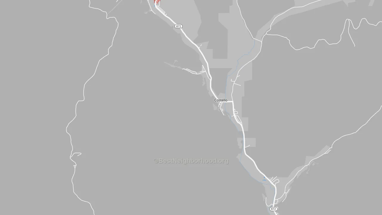 Walk Grade map of Costello, PA, walkable areas in green and car-dependent areas in red