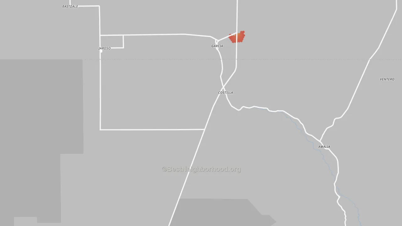 Walk Grade map of Costilla, NM, walkable areas in green and car-dependent areas in red