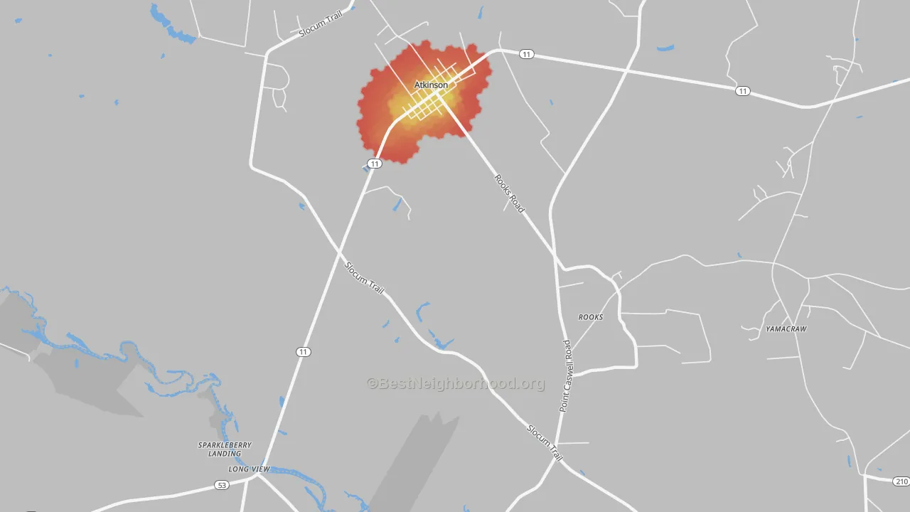 Walk Grade map of Costin, NC, walkable areas in green and car-dependent areas in red