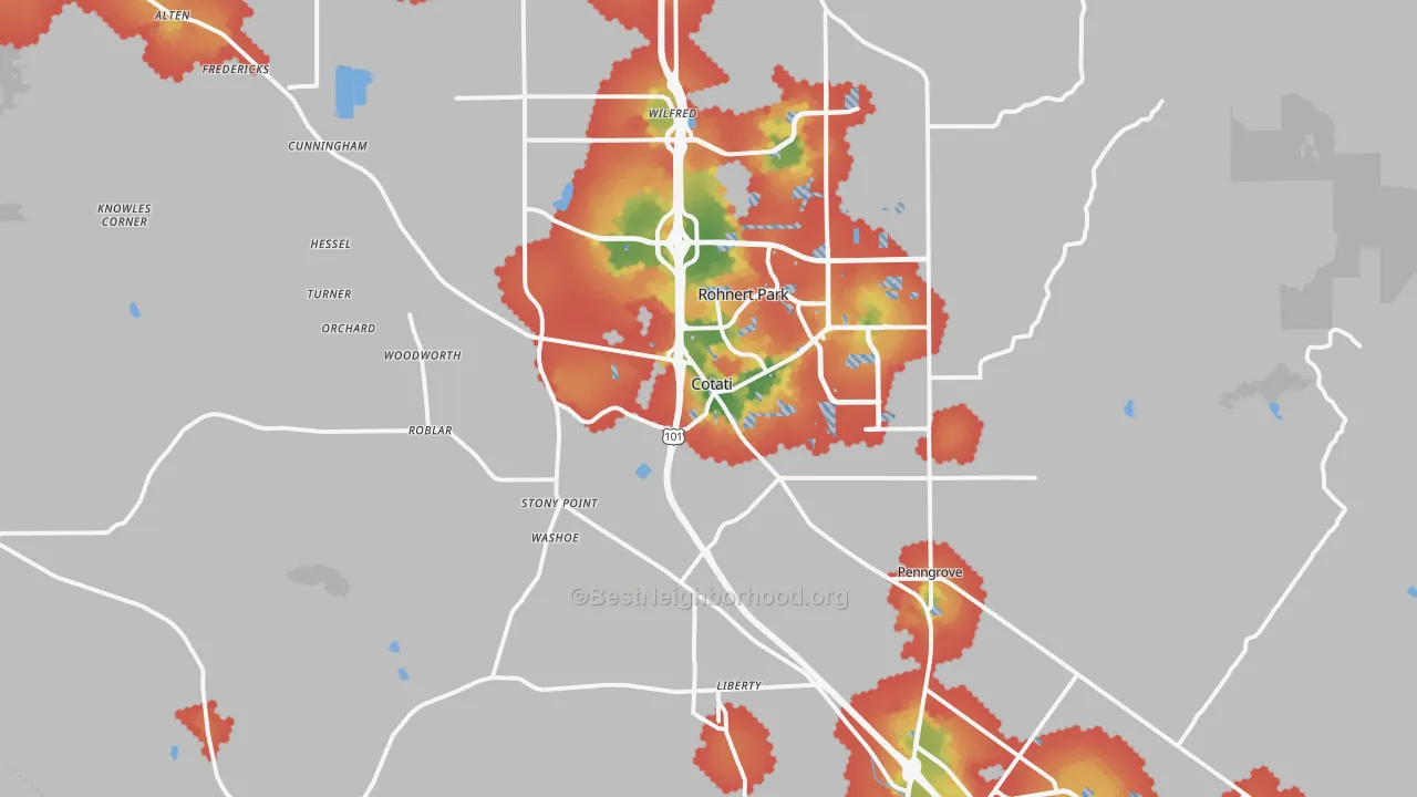 Walk Grade map of Cotati, CA, walkable areas in green and car-dependent areas in red