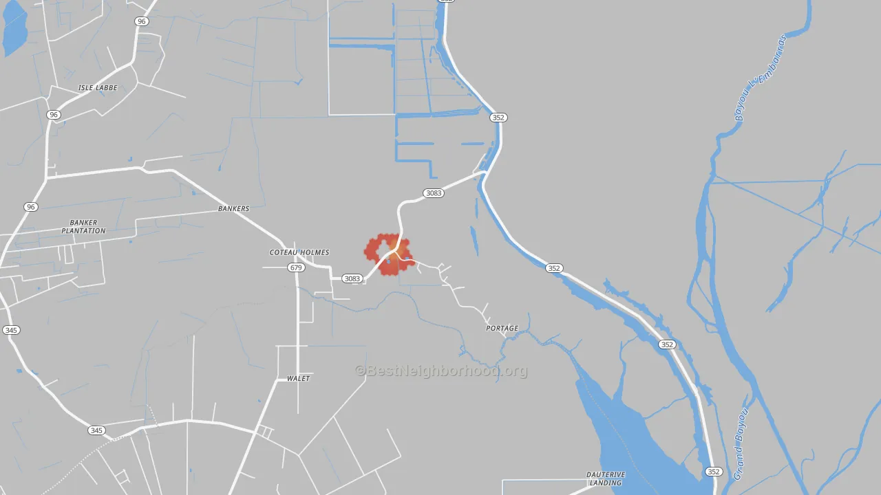 Walk Grade map of Coteau Holmes, LA, walkable areas in green and car-dependent areas in red