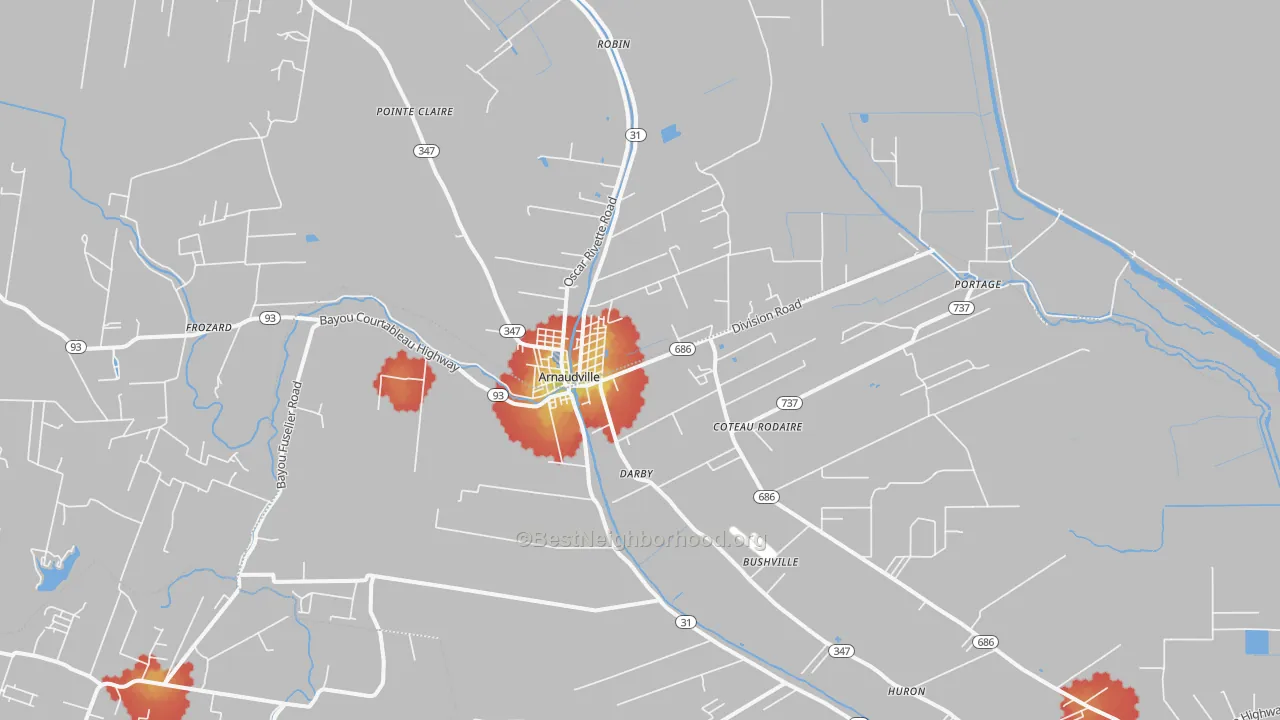 Walk Grade map of Coteau Rodaire, LA, walkable areas in green and car-dependent areas in red