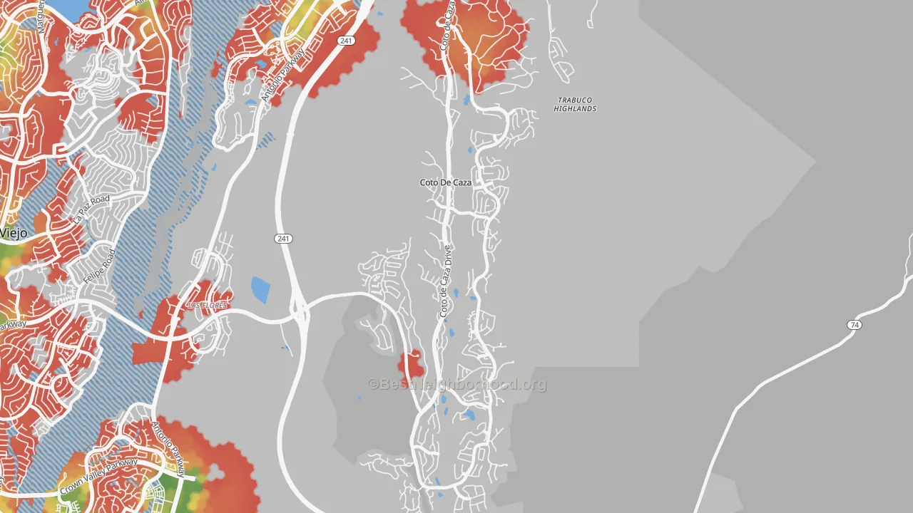 Walk Grade map of Coto de Caza, CA, walkable areas in green and car-dependent areas in red