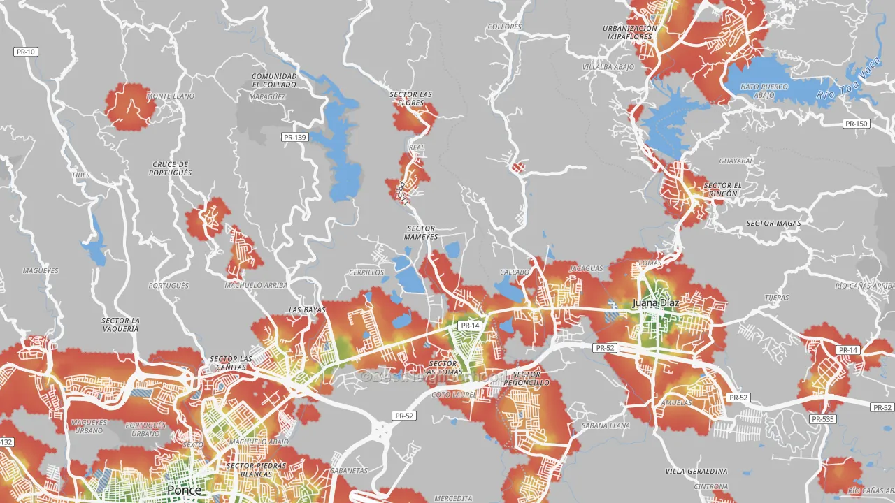 Walk Grade map of Coto Laurel, PR, walkable areas in green and car-dependent areas in red