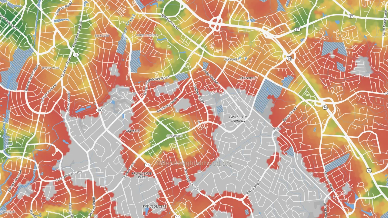 Walk Grade map of Cotswold, Charlotte, NC, walkable areas in green and car-dependent areas in red