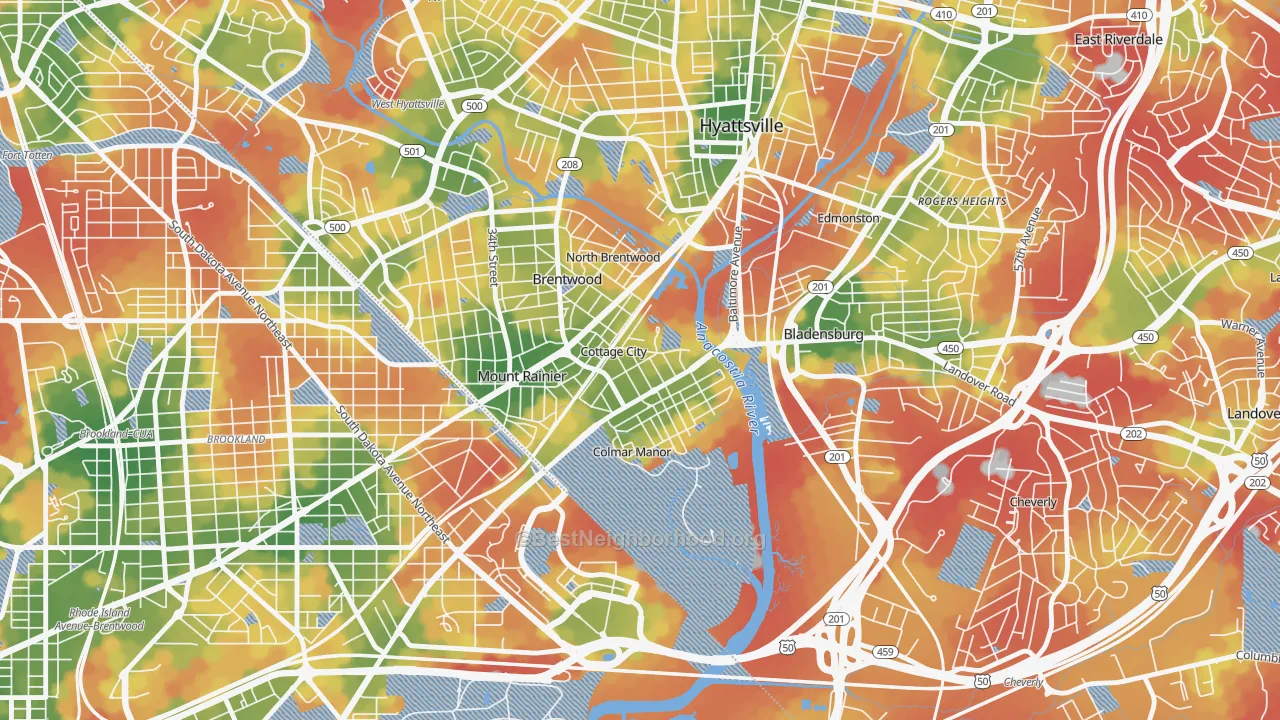 Walk Grade map of Cottage City, MD, walkable areas in green and car-dependent areas in red
