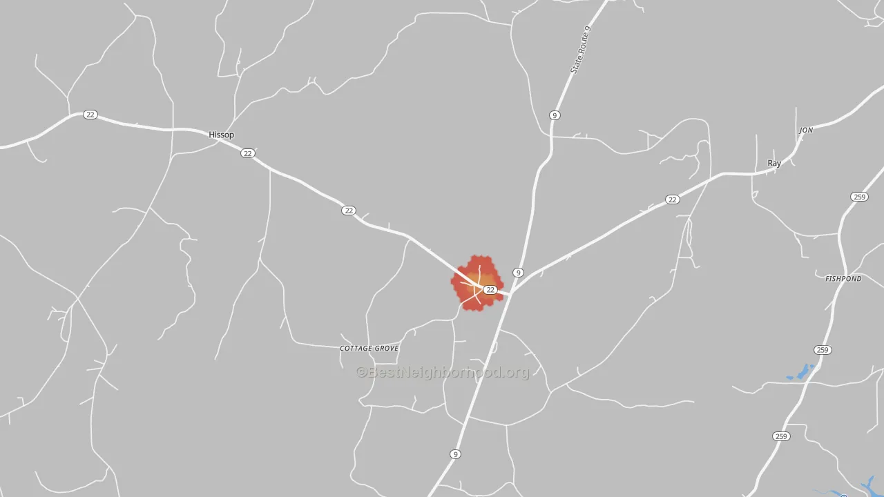Walk Grade map of Cottage Grove, AL, walkable areas in green and car-dependent areas in red