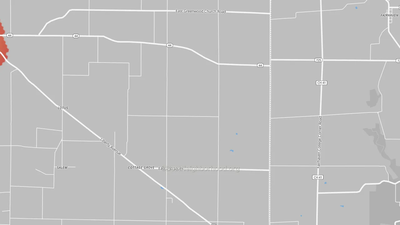 Walk Grade map of Cottage Grove, IN, walkable areas in green and car-dependent areas in red