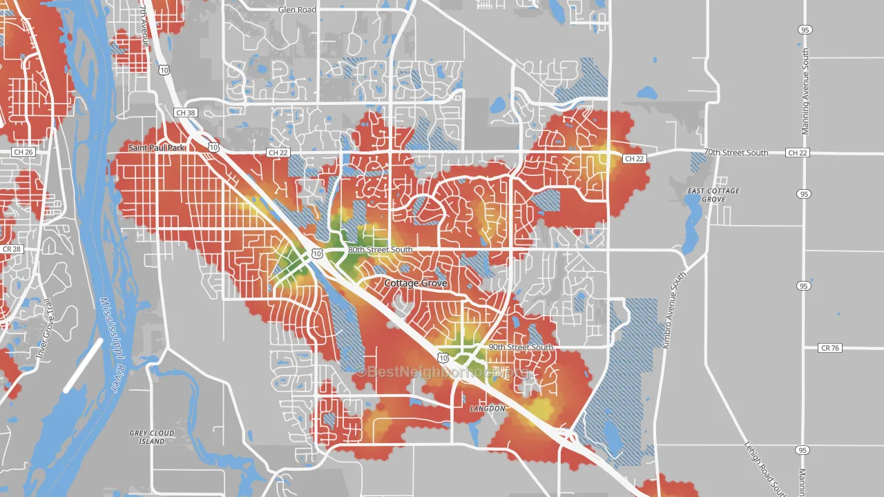 Walk Grade map of Cottage Grove, MN, walkable areas in green and car-dependent areas in red