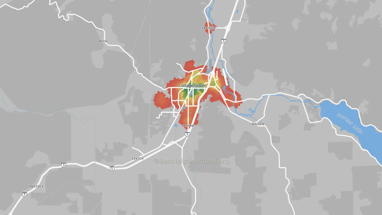 Walk Grade map of Cottage Grove, OR, walkable areas in green and car-dependent areas in red