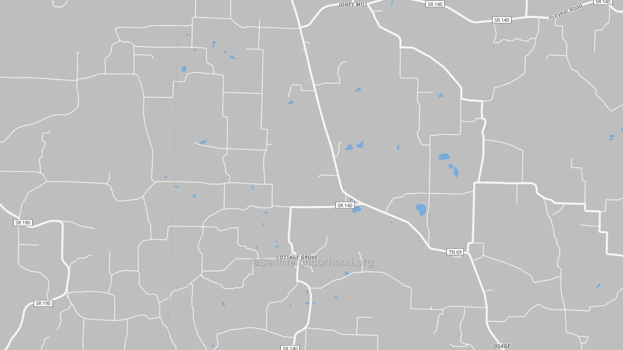 Walk Grade map of Cottage Grove, TN, walkable areas in green and car-dependent areas in red