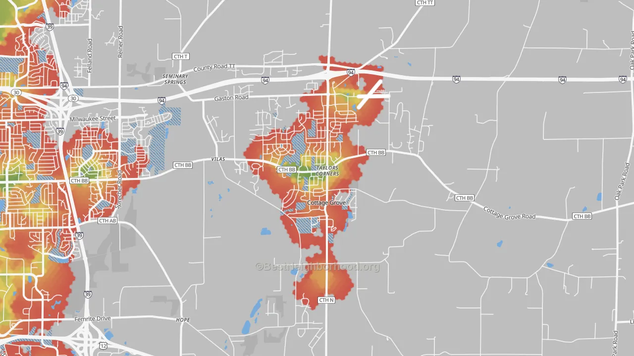 Walk Grade map of Cottage Grove, WI, walkable areas in green and car-dependent areas in red
