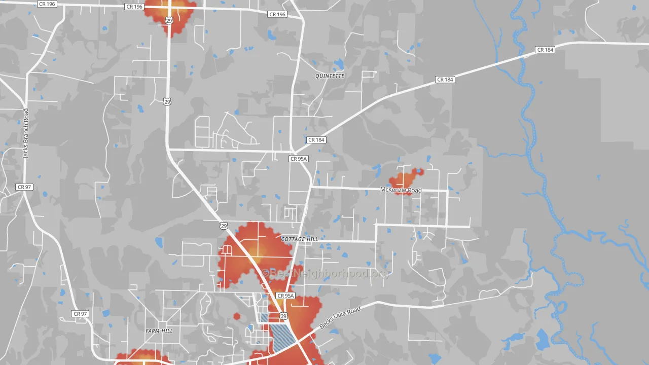 Walk Grade map of Cottage Hill, FL, walkable areas in green and car-dependent areas in red