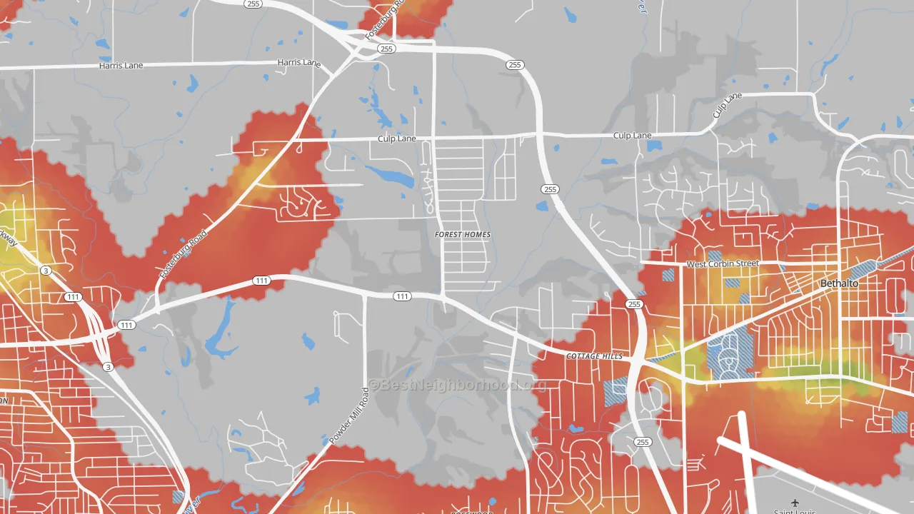 Walk Grade map of Cottage Hills, IL, walkable areas in green and car-dependent areas in red