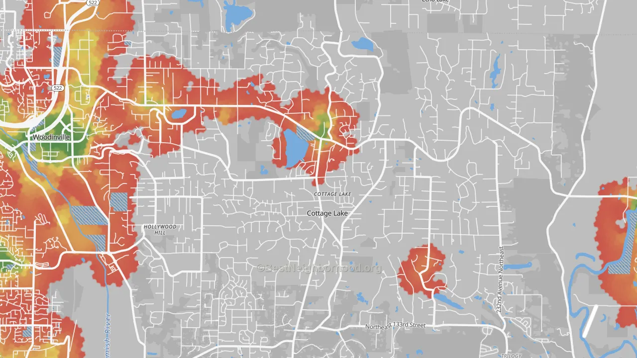 Walk Grade map of Cottage Lake, WA, walkable areas in green and car-dependent areas in red