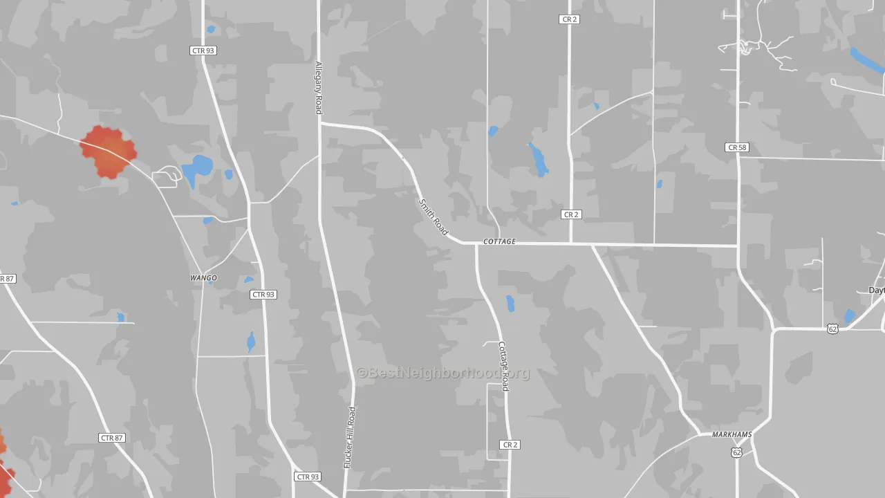 Walk Grade map of Cottage, NY, walkable areas in green and car-dependent areas in red