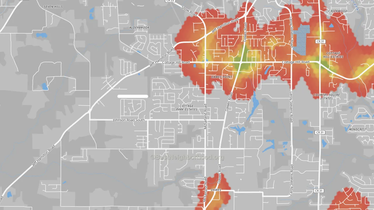Walk Grade map of Cottage Park, Mobile, AL, walkable areas in green and car-dependent areas in red