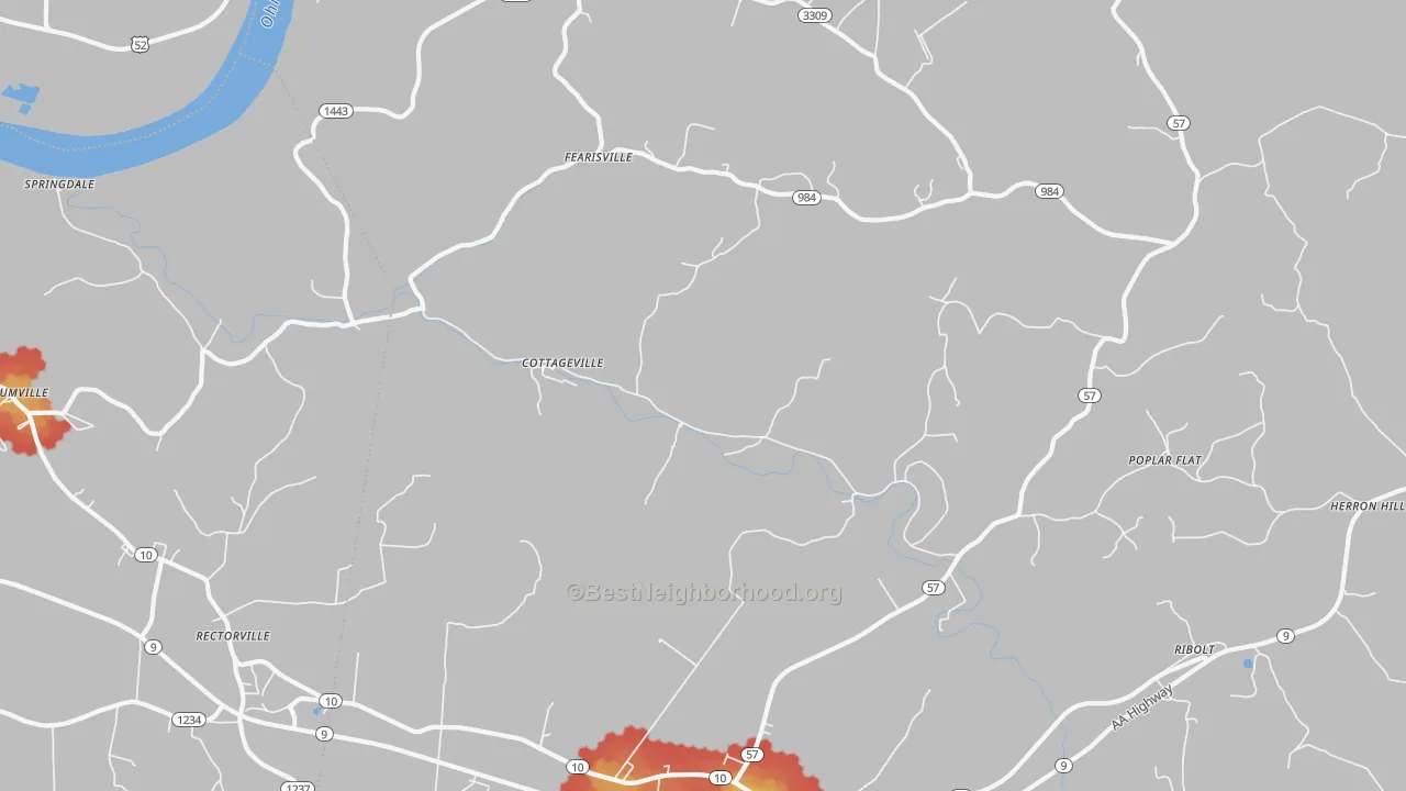 Walk Grade map of Cottageville, KY, walkable areas in green and car-dependent areas in red