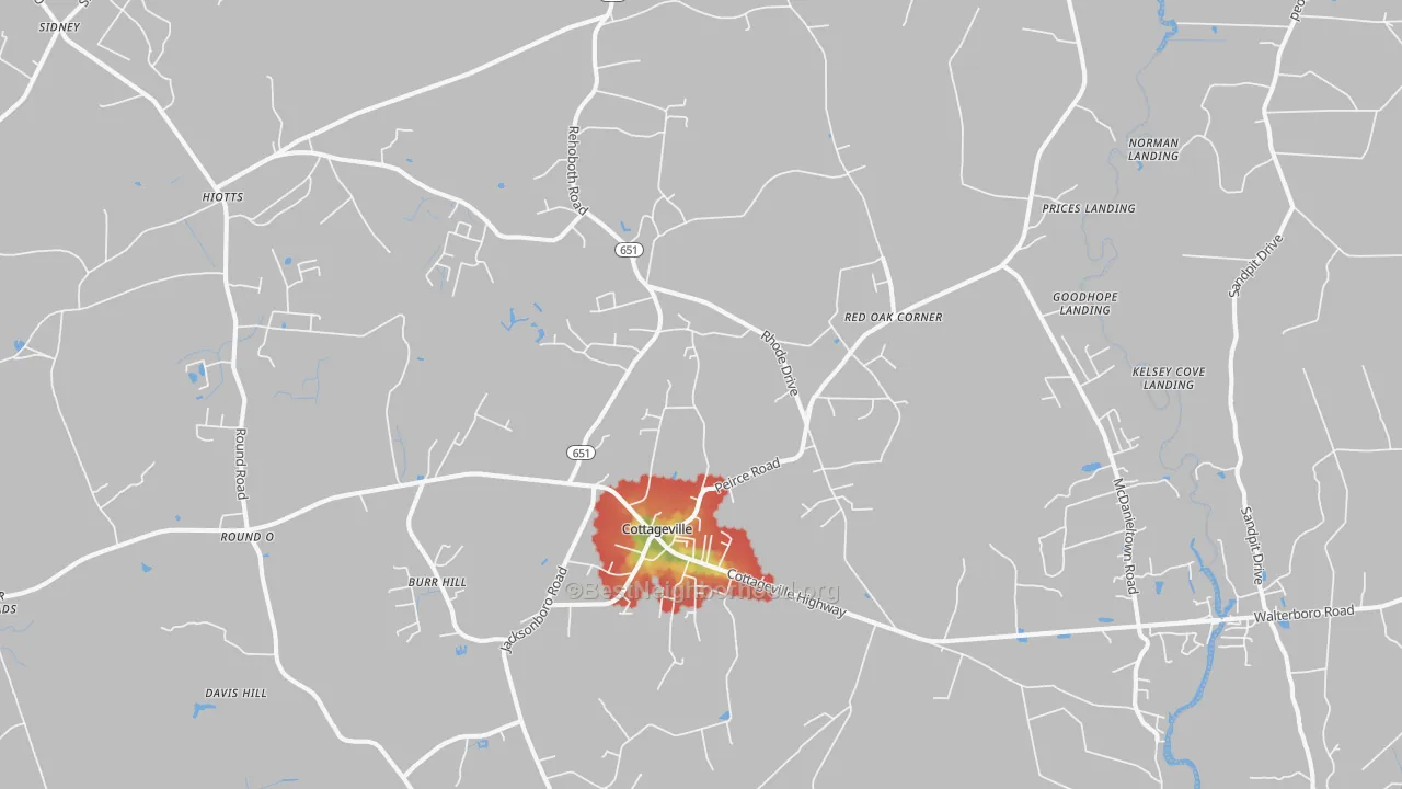 Walk Grade map of Cottageville, SC, walkable areas in green and car-dependent areas in red