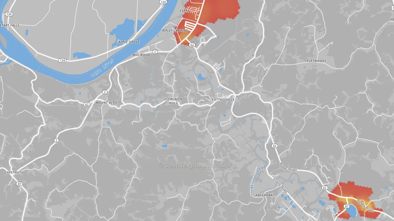 Walk Grade map of Cottageville, WV, walkable areas in green and car-dependent areas in red