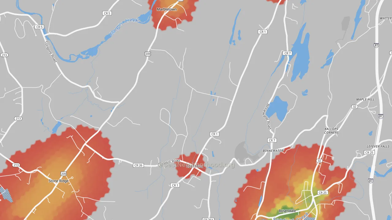 Walk Grade map of Cottekill, NY, walkable areas in green and car-dependent areas in red