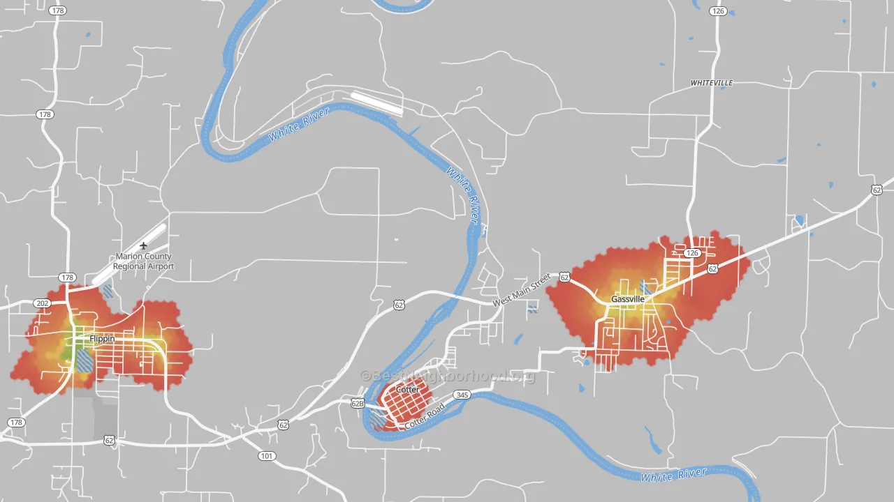 Walk Grade map of Cotter, AR, walkable areas in green and car-dependent areas in red