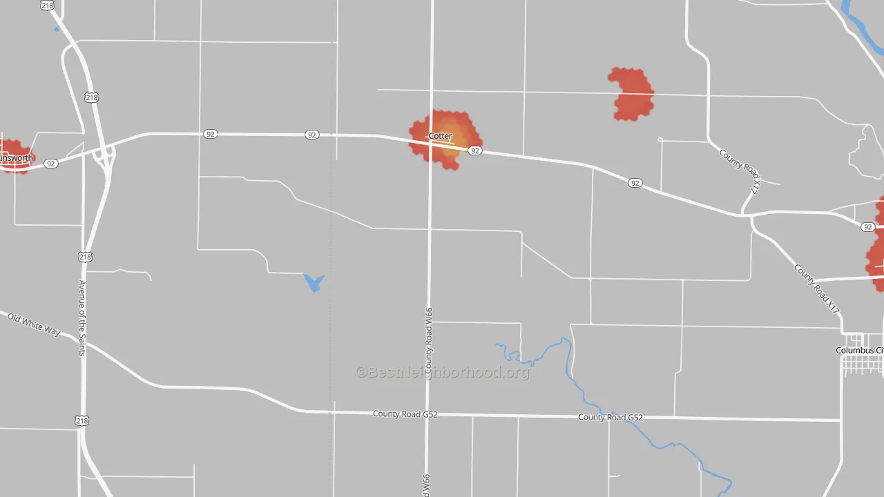 Walk Grade map of Cotter, IA, walkable areas in green and car-dependent areas in red