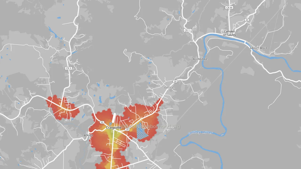 Walk Grade map of Cottle, WV, walkable areas in green and car-dependent areas in red