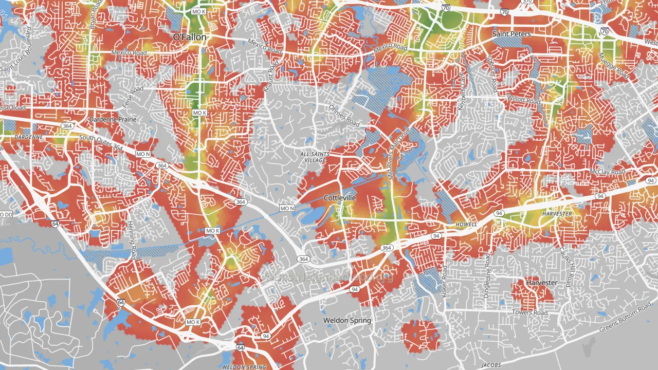 Walk Grade map of Cottleville, MO, walkable areas in green and car-dependent areas in red