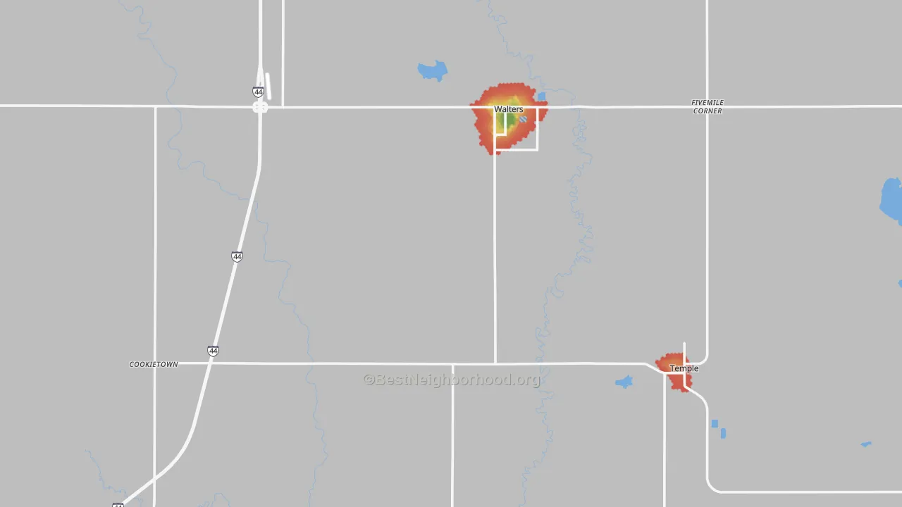 Walk Grade map of Cotton County, OK, walkable areas in green and car-dependent areas in red