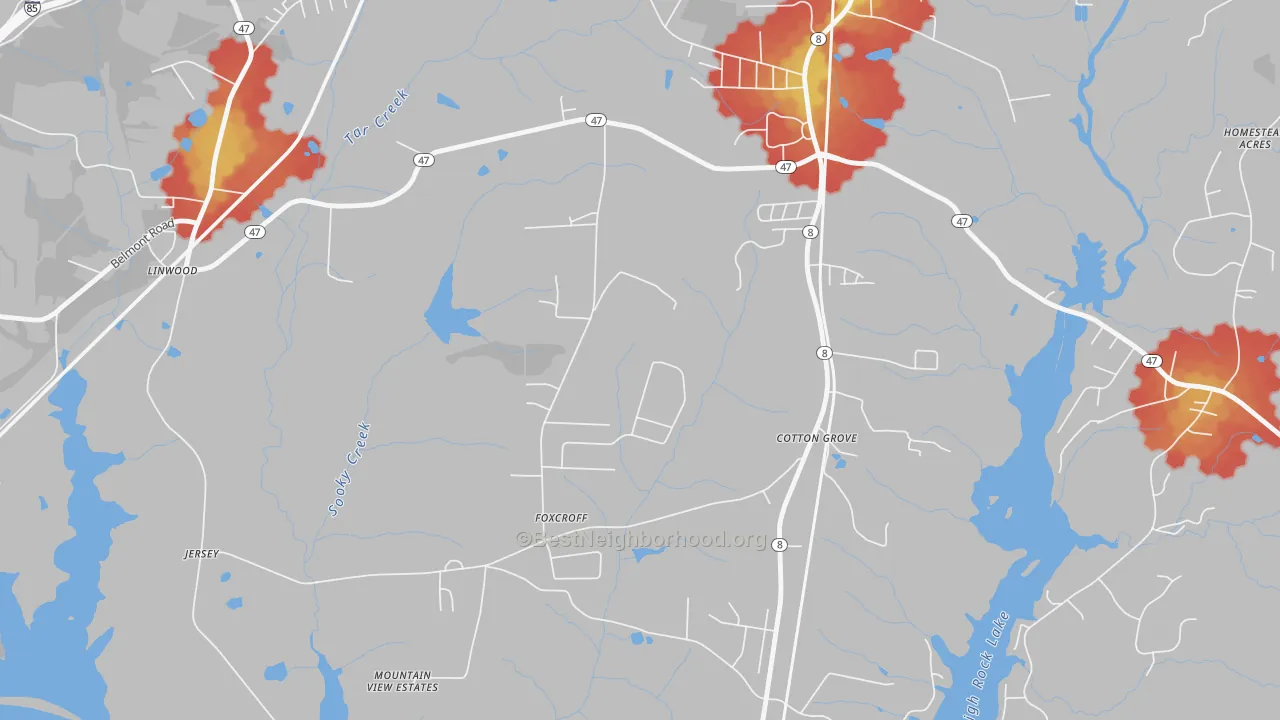 Walk Grade map of Cotton Grove, NC, walkable areas in green and car-dependent areas in red