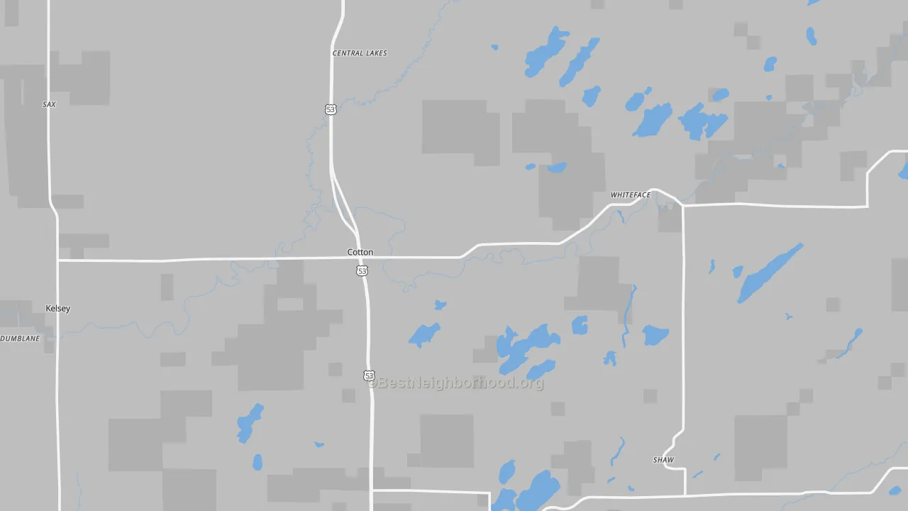 Walk Grade map of Cotton, MN, walkable areas in green and car-dependent areas in red