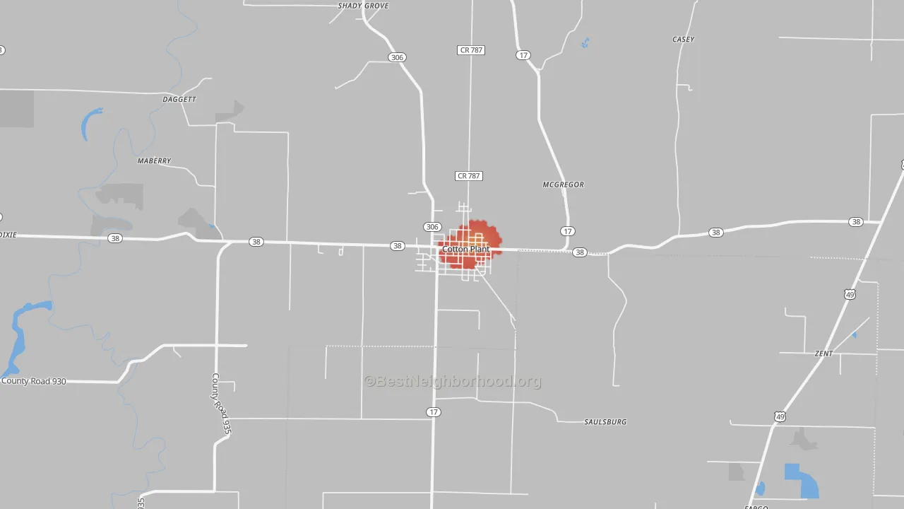 Walk Grade map of Cotton Plant, AR, walkable areas in green and car-dependent areas in red