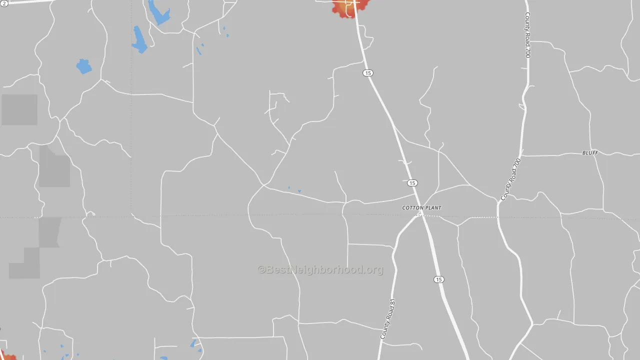 Walk Grade map of Cotton Plant, MS, walkable areas in green and car-dependent areas in red